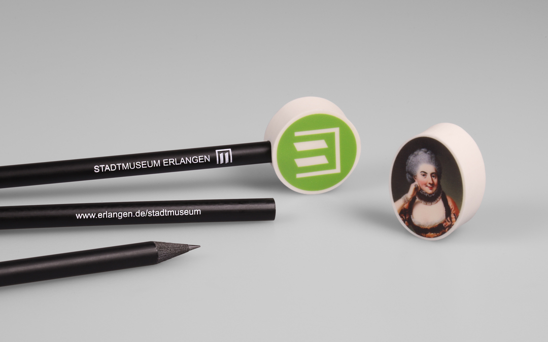 round and oval eraser pencil topper, imprinted, on black matt pencils